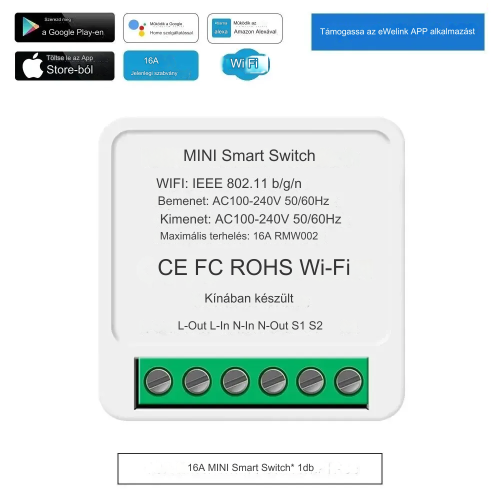 16A Wifi Smart Mini 2-utas kapcsoló modul, Alexa Google Home támogatás