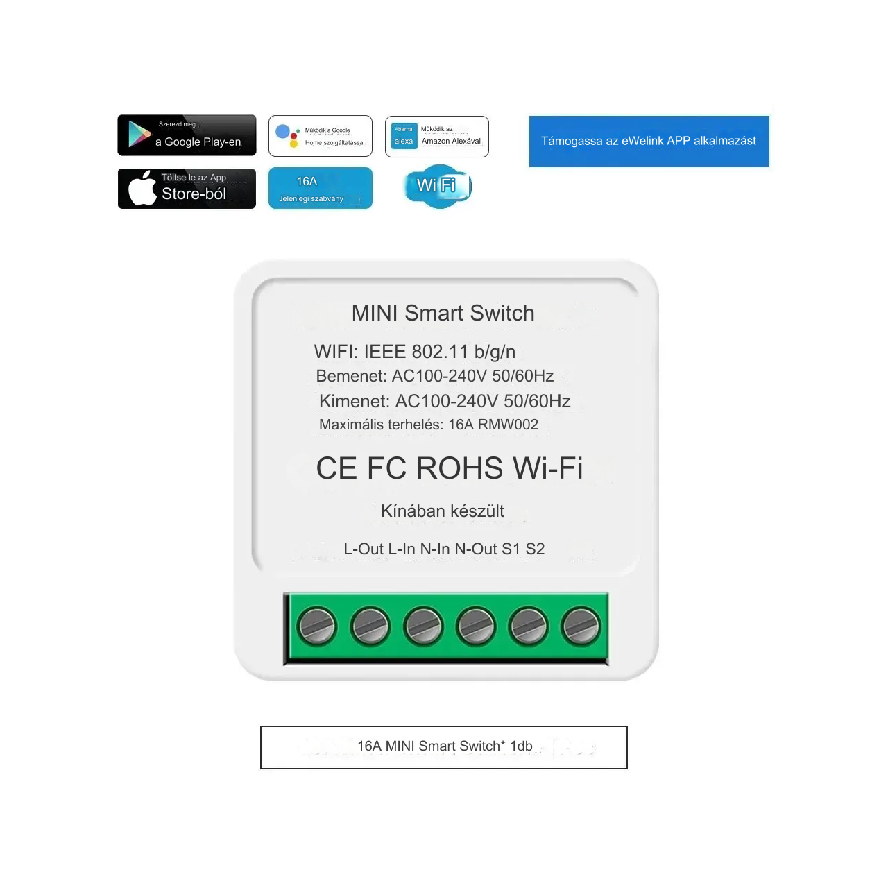 16A Wifi Smart Mini 2-utas kapcsoló modul, Alexa Google Home támogatás