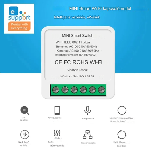 16A Wifi Smart Mini 2-utas kapcsoló modul, Alexa Google Home támogatás