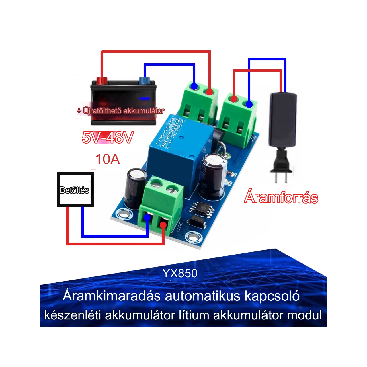 YX850 - Automatikus Feszültségkimaradás Érzékelő és Átkapcsoló Modul, 5-48V DC