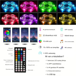 RGB LED szalag WIFI-s szett 5 méteres - APP vezérléssel, távirányítóval és zenei szinkronizációval